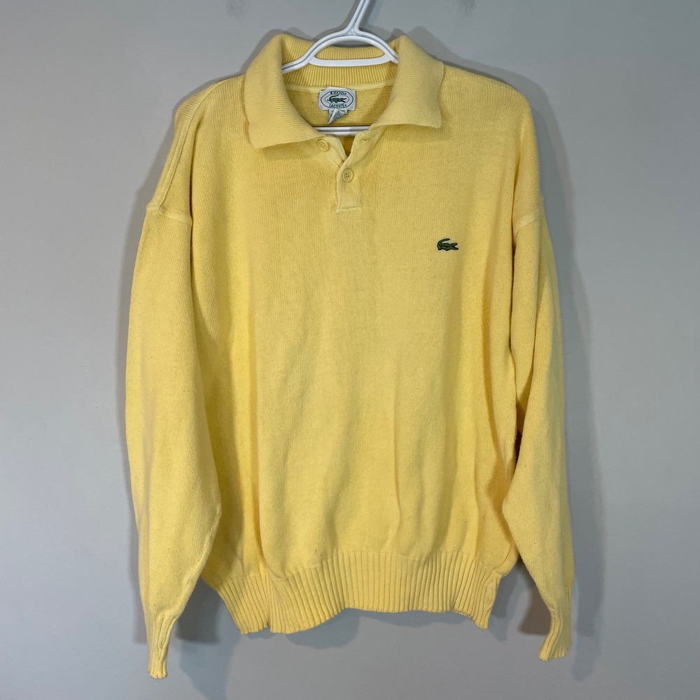Izod Lacoste Mens Vintage Yellow Cotton Knit Long Sleeve Polo Sweater Large